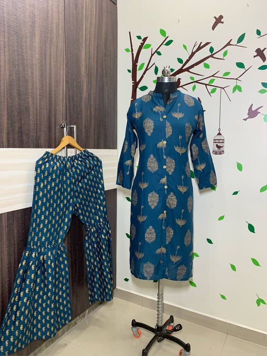 Graceful Blue Color Casual Wear Rayon Printed Plazo Kurti