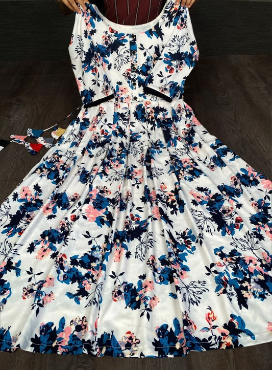 Superfine White Color Party Wear Rayon Printed Ready Made Gown