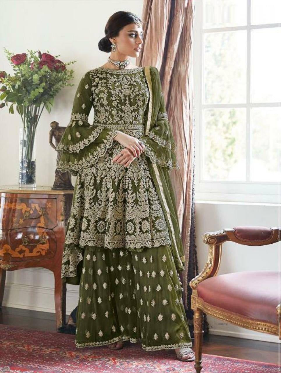 Party Wear Soft Net Embroidered Semi Stitched Plazo Sharara Salwar Suit