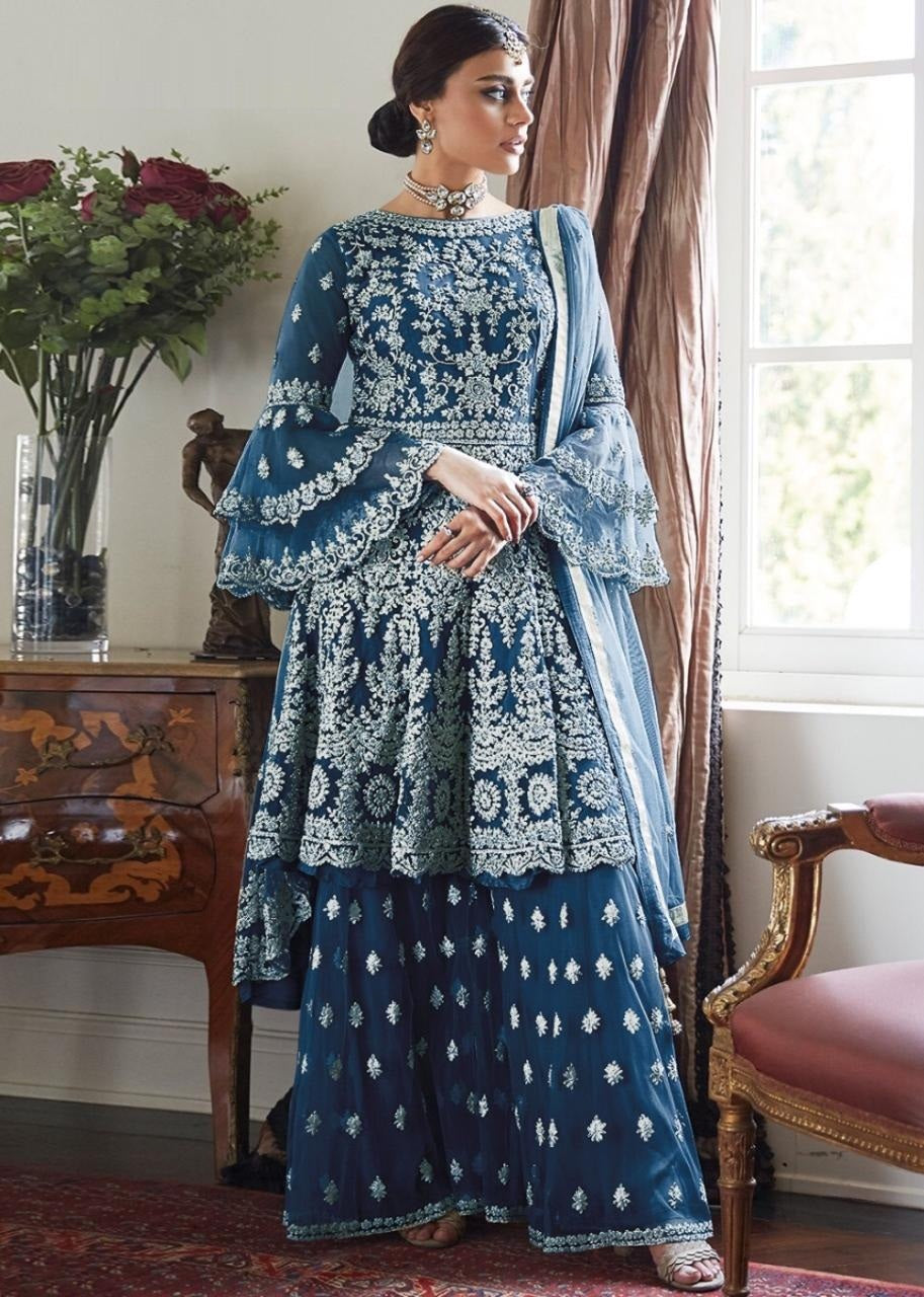 Party Wear Soft Net Embroidered Semi Stitched Plazo Sharara Salwar Suit