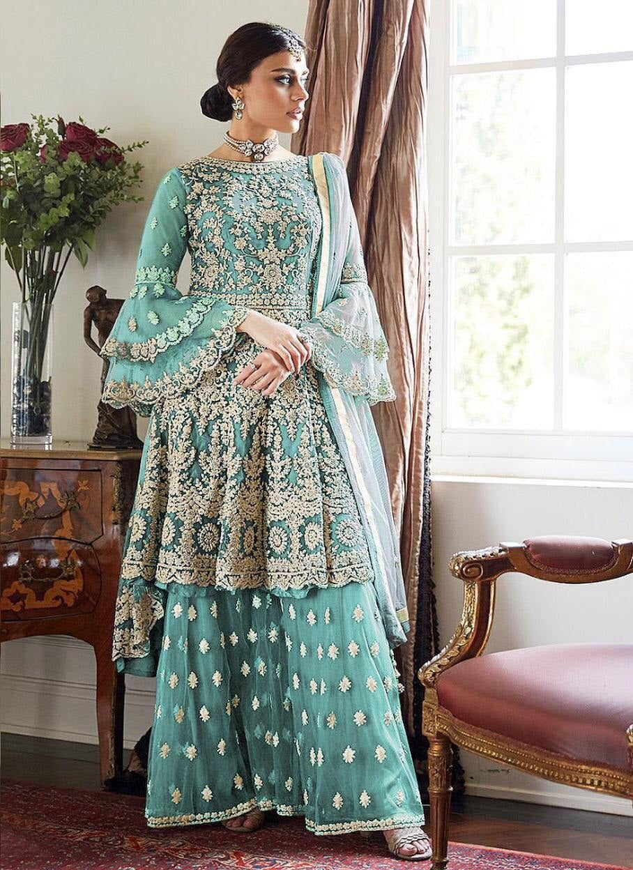 Party Wear Soft Net Embroidered Semi Stitched Plazo Sharara Salwar Suit
