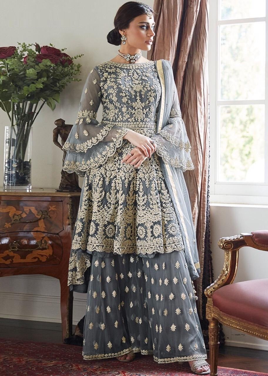 Party Wear Soft Net Embroidered Semi Stitched Plazo Sharara Salwar Suit