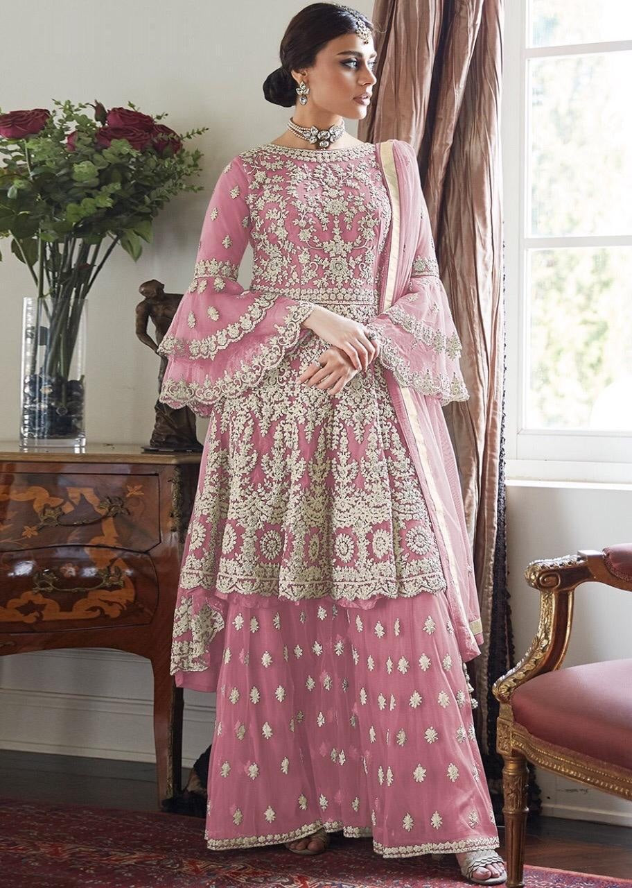 Party Wear Soft Net Embroidered Semi Stitched Plazo Sharara Salwar Suit