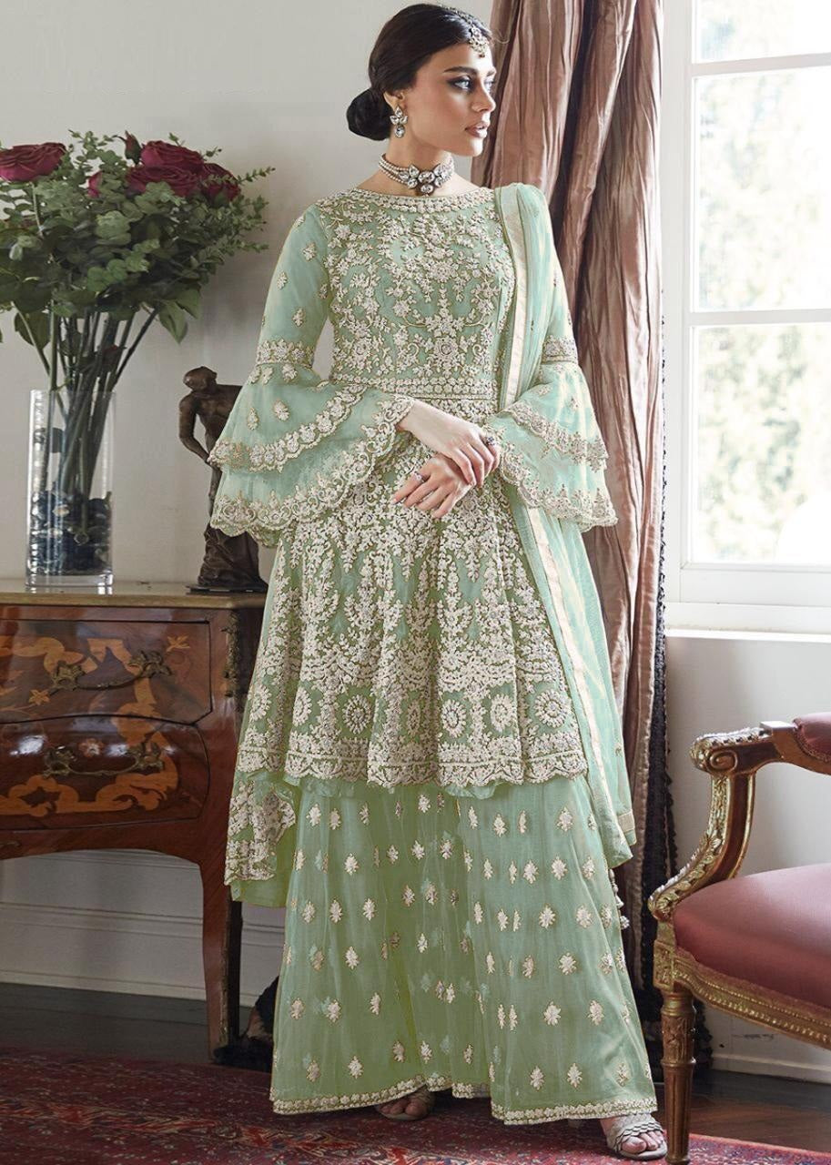 Party Wear Soft Net Embroidered Semi Stitched Plazo Sharara Salwar Suit