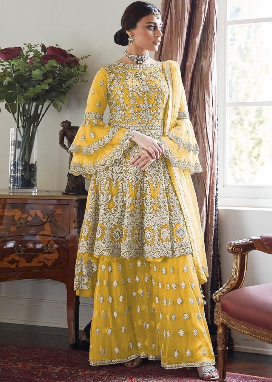 Party Wear Soft Net Embroidered Semi Stitched Plazo Sharara Salwar Suit