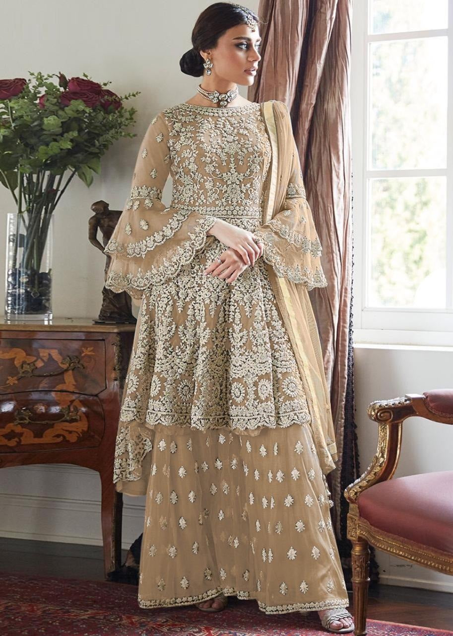 Party Wear Soft Net Embroidered Semi Stitched Plazo Sharara Salwar Suit