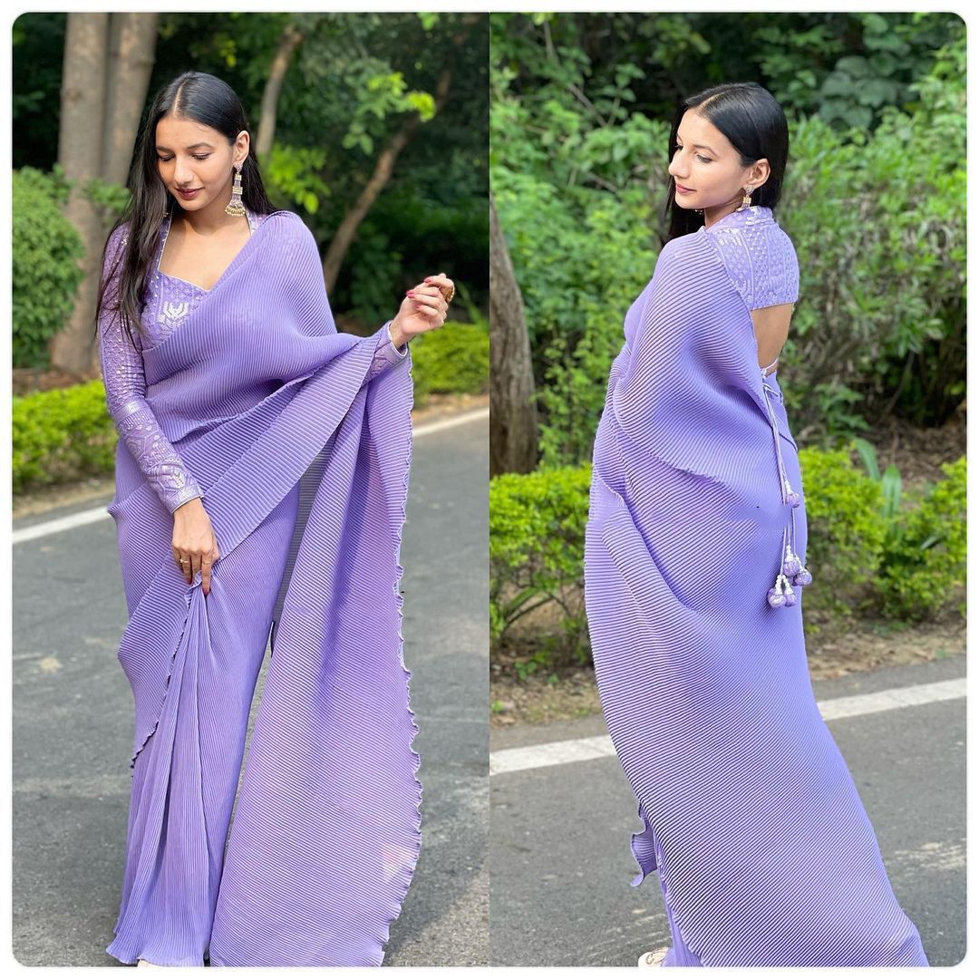Prodigious Violet Color Design Georgette Pleated Saree Blouse For Function Wear