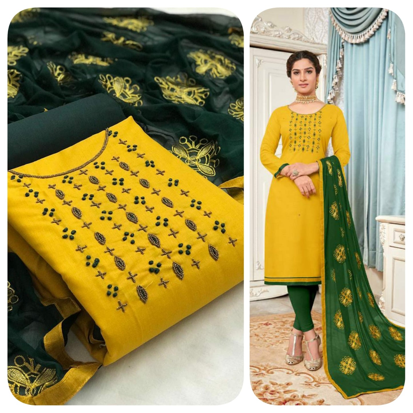 Classic Yellow Color Cotton Hand Designer Work Party Wear Salwar Suit