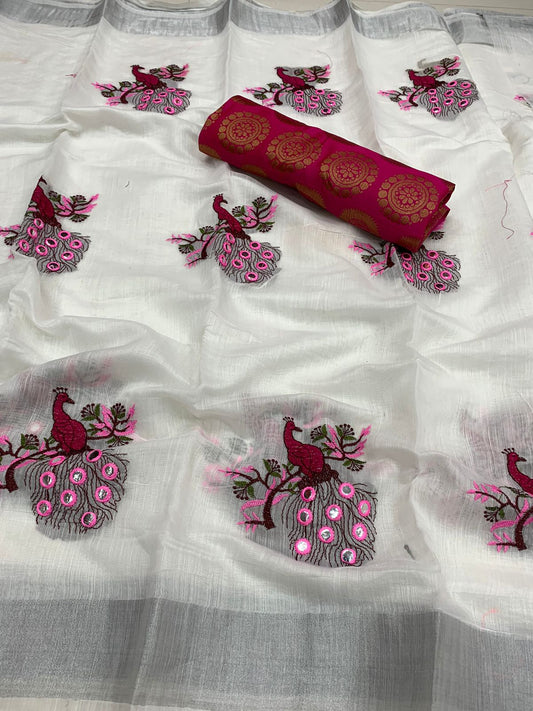 Appealing White Color Party Wear Chanderi Embroidered Work Saree Blouse