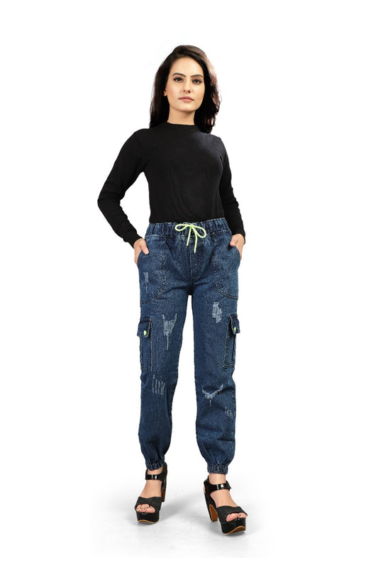 Shattering Blue Color Denim Cargo Fancy Pant For Women