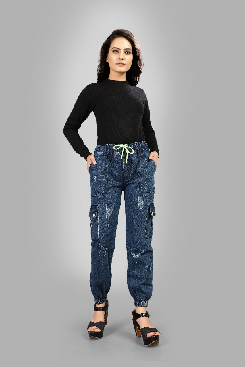 Shattering Blue Color Denim Cargo Fancy Pant For Women