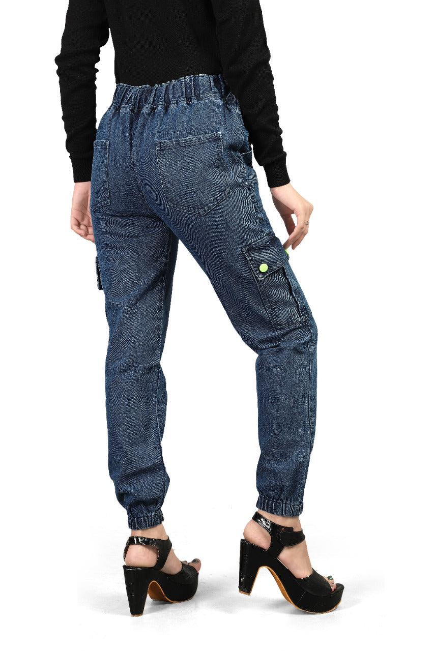 Shattering Blue Color Denim Cargo Fancy Pant For Women