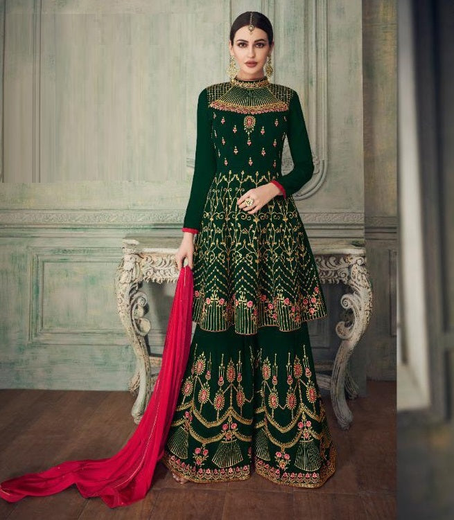 Formidable Bottle Green Color Function Wear Embroidered Beautiful Work Faux Georgette Plazo Salwar Suit