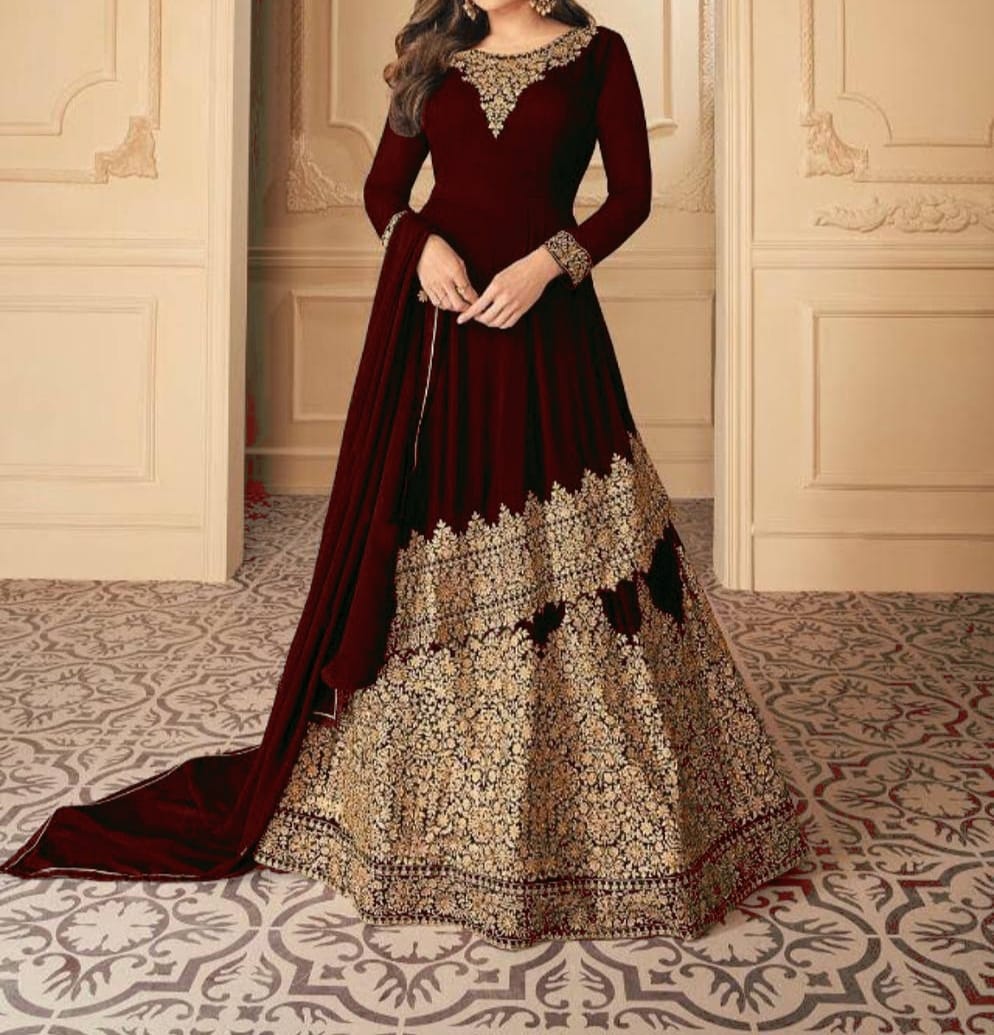 Striking Maroon Color Georgette Embroidered Stone Work Salwar Suit For Women