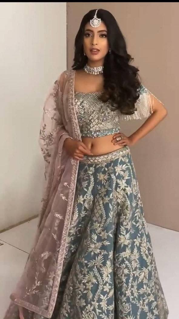 Mind-blowing Grey Color Festival Wear Net Chine Stitched Work Lehenga Choli