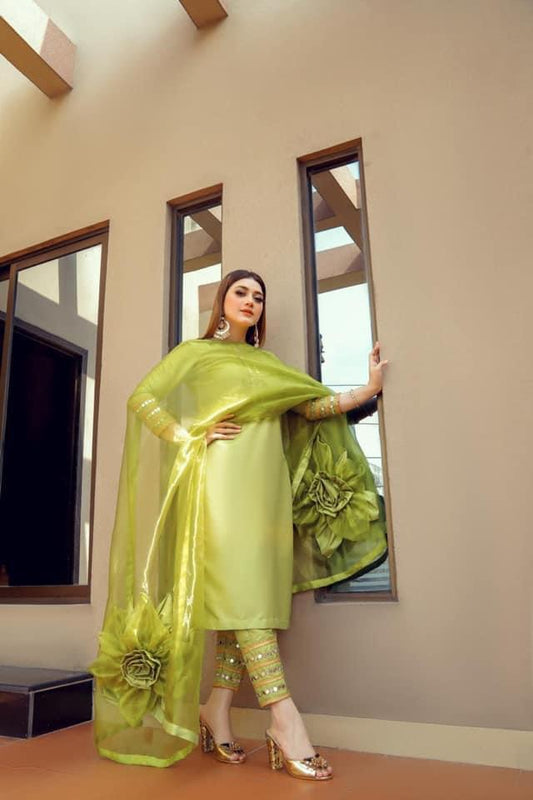 Artistic Green Color Mirror Embroidered Work Organza Salwar Suit