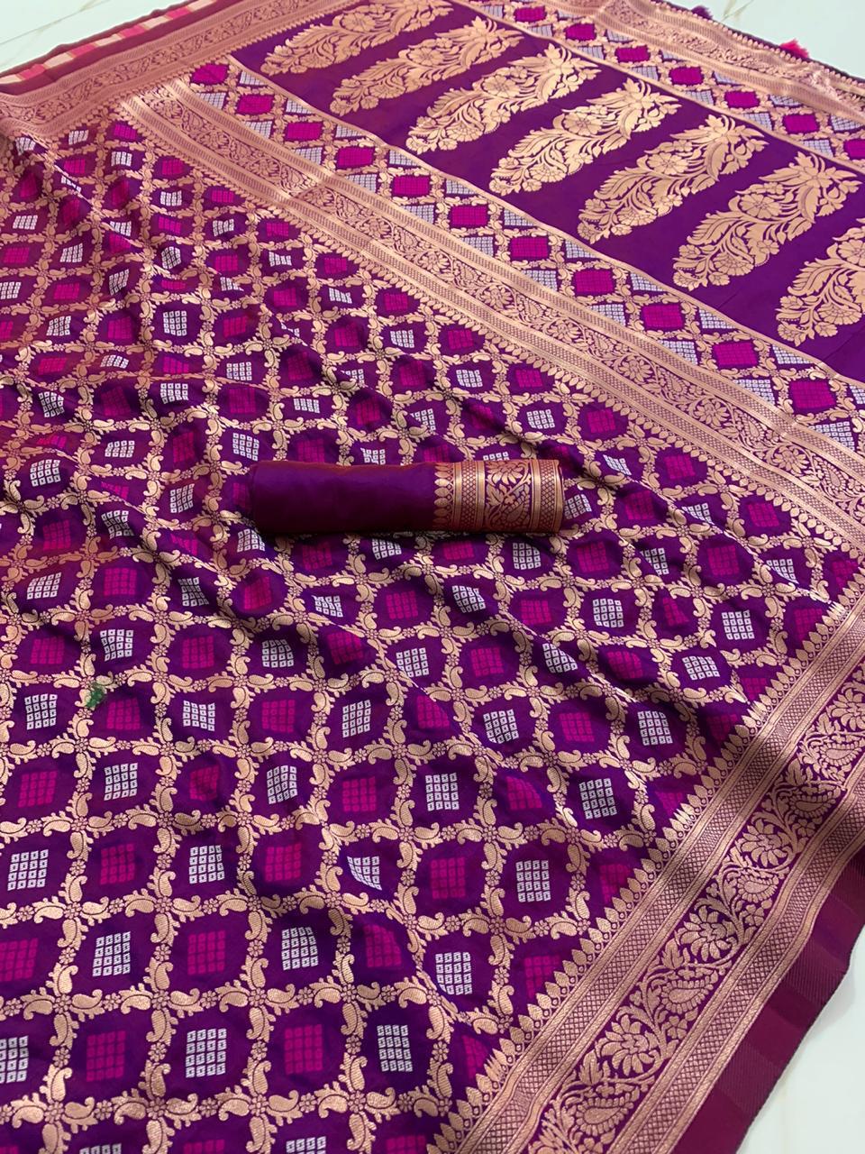 Violet Color Refreshing Pattola Bandhej Art Silk Design Zari Golden Weaving Kalamkari Butta Work Festive Wear Saree Blouse For Women