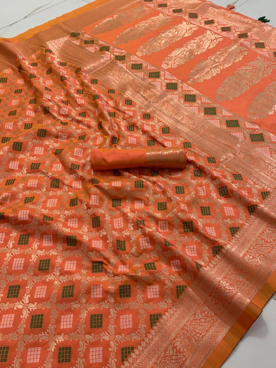 Fabulous Orange Color Art Silk Bandhej Pattola Fancy Golden Zari Weaving Kalamkari Butta Work Saree Blouse For Ladies