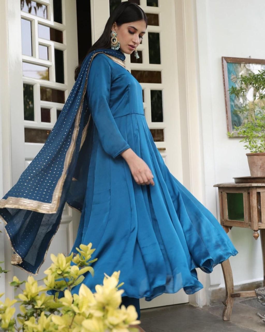 Fabulous Blue Color Wedding Wear Satin Salwar Suit For Women