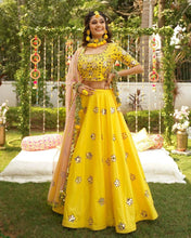 Load image into Gallery viewer, Starling Yellow Color Function Wear Silk Mirror Work Lehenga Choli
