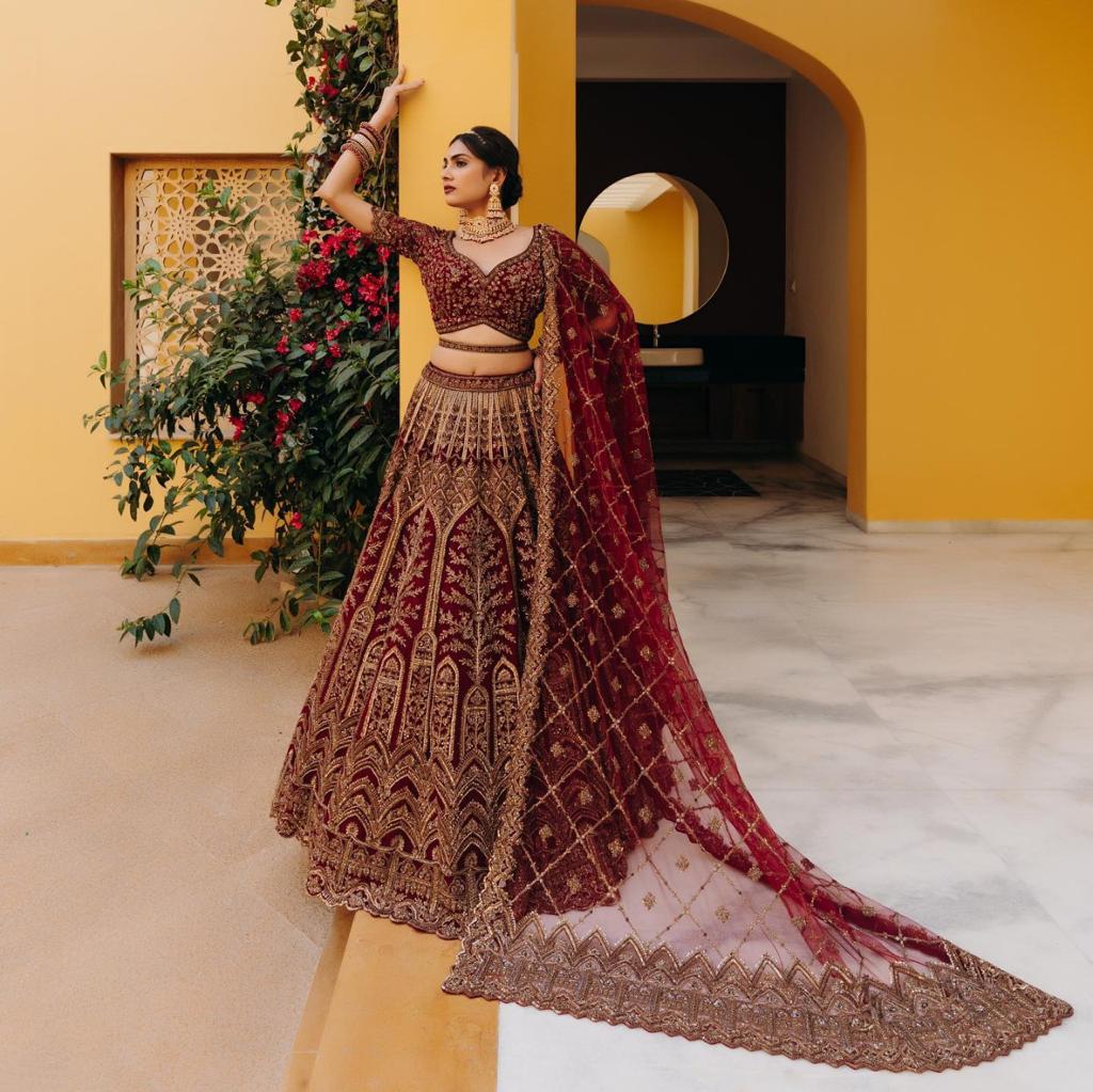 Unique Maroon Color Velvet Thread Work Lehenga Choli For Wedding Wear