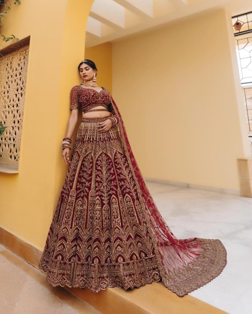 Unique Maroon Color Velvet Thread Work Lehenga Choli For Wedding Wear