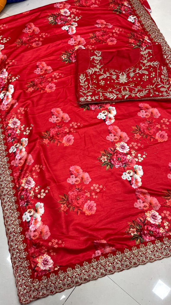 Adorable Red Color Printed Sequence Work Art Silk Festival Wear Saree Blouse