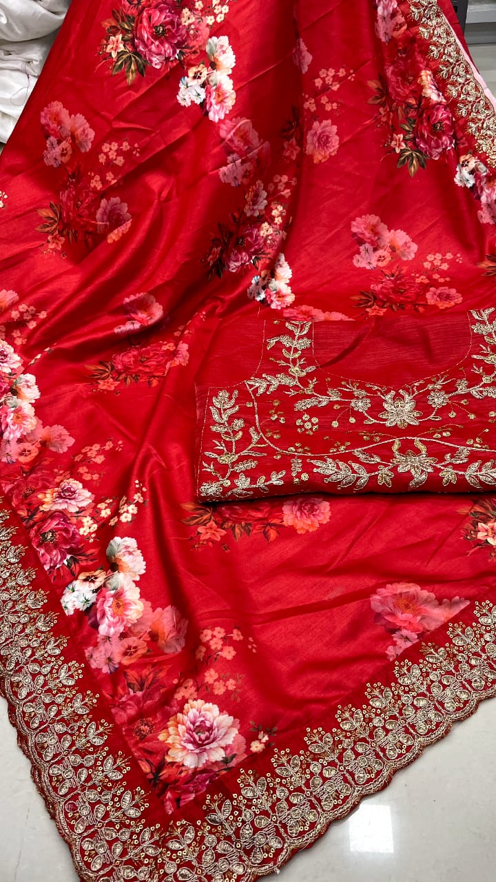 Adorable Red Color Printed Sequence Work Art Silk Festival Wear Saree Blouse