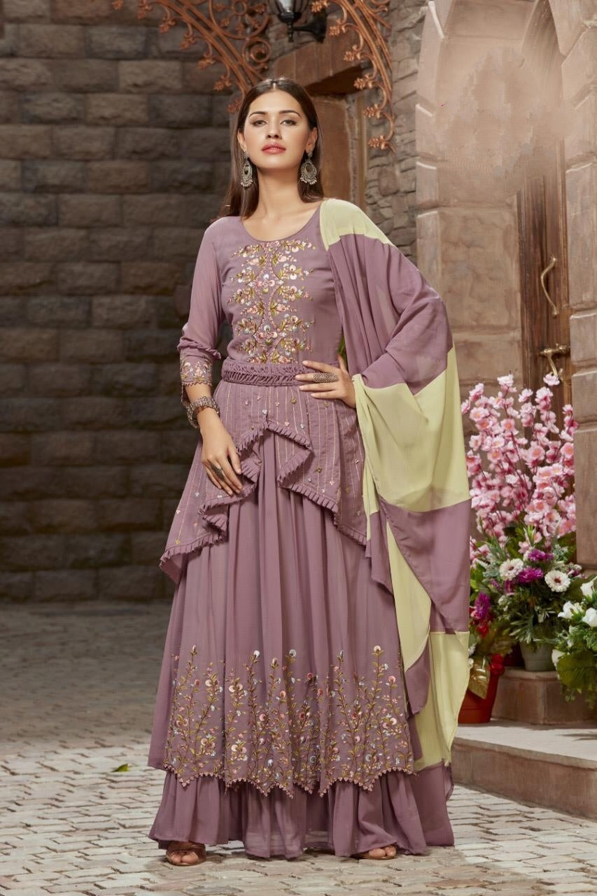 Alluring Light Purple Color Festive Wear Faux Georgette Embroidered Fancy Work Designer Salwar Suit