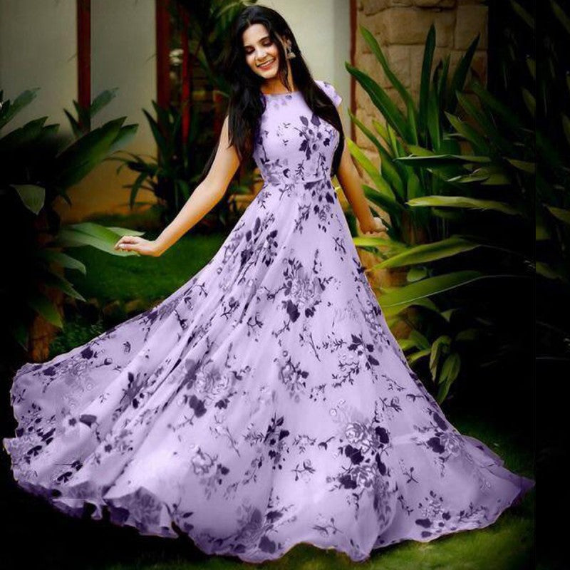 Classic Light Purple Crep Silk Printed Ready Made Long Designer Gown