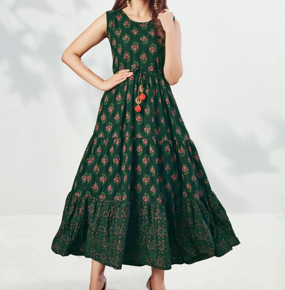 Refreshing Green Color Party Wear Rayon Printed Ready Made Gown