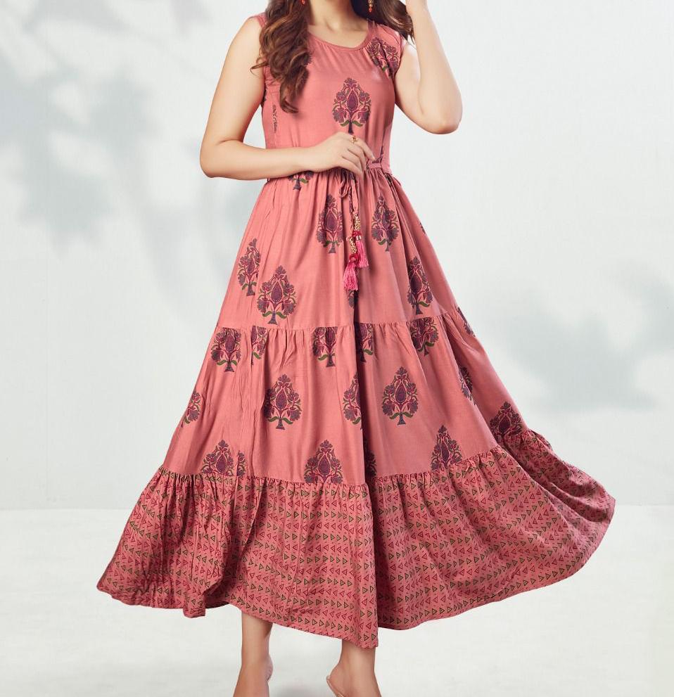 Appealing Pink Color Printed Full Stitched Rayon Gown For Women