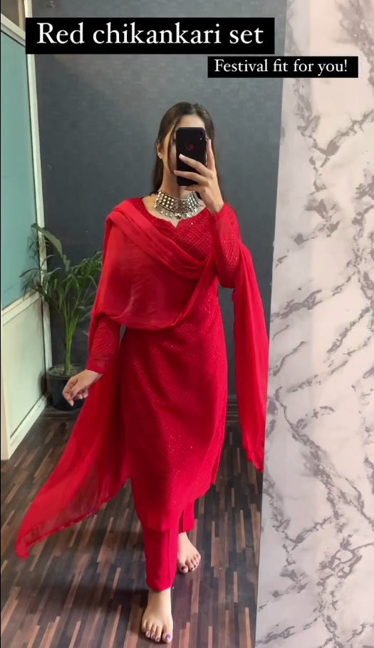 Red Color Pure Georgette Lucknowi Work Full Stitched Suit