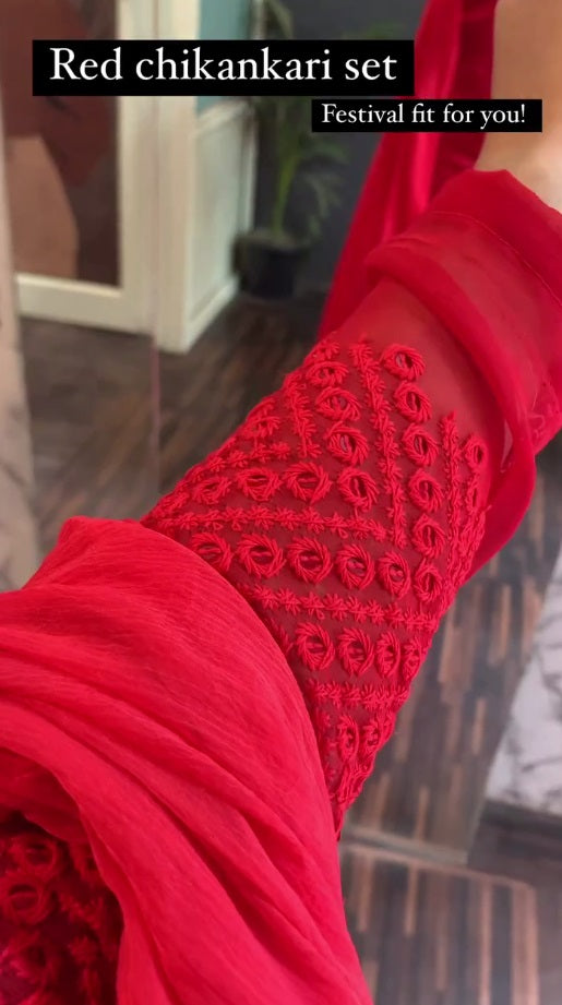Red Color Pure Georgette Lucknowi Work Full Stitched Suit