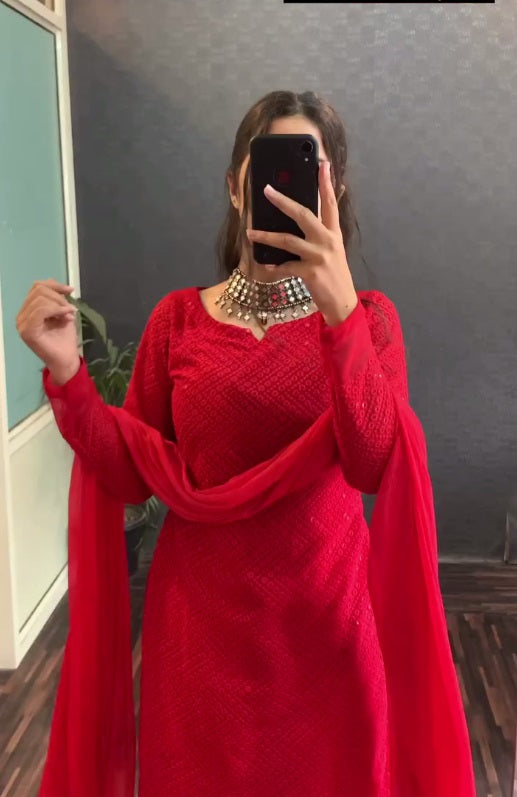 Red Color Pure Georgette Lucknowi Work Full Stitched Suit