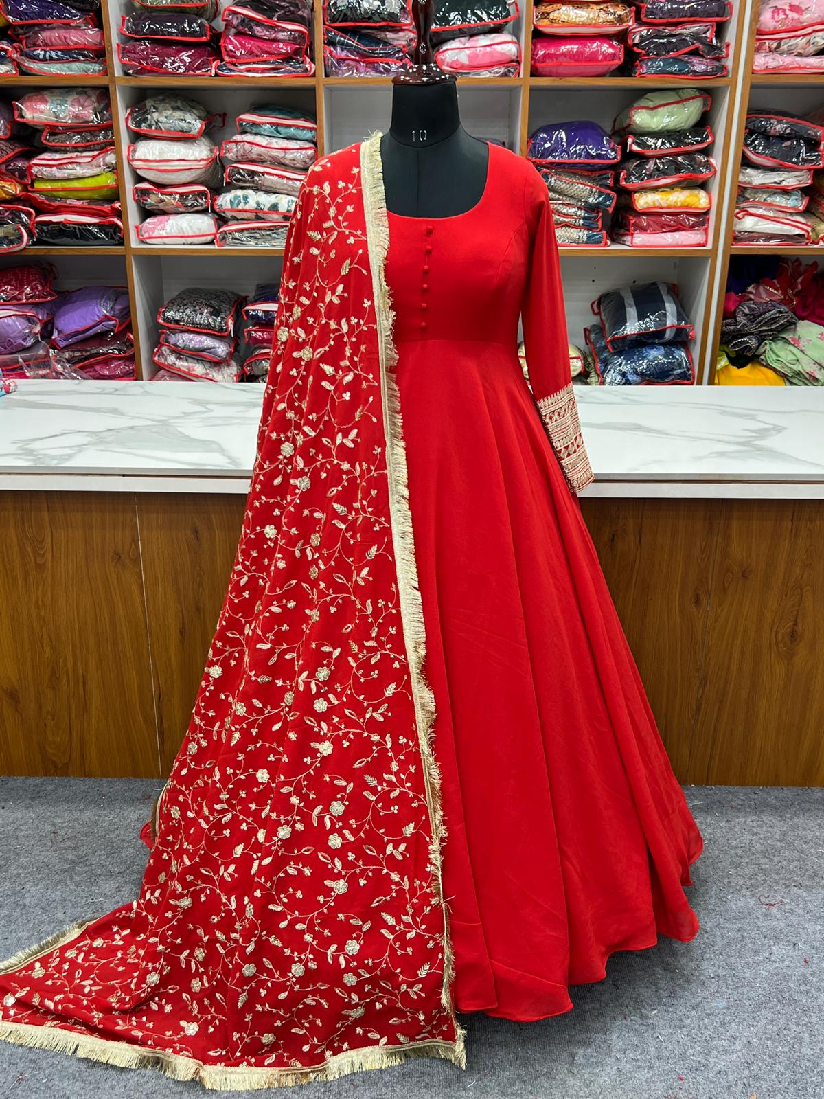 Red Color Faux Georgette Full Stitched Gown with Full Work Dupatta