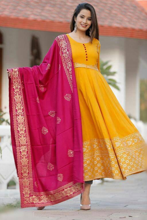 Remarkable Mustard Color Ready Made Rayon Printed Gown Dupatta For Casual Wear