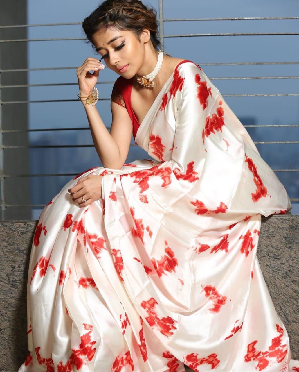 Remarkable White Color Party Wear Satin Silk Printed Work Saree Blouse
