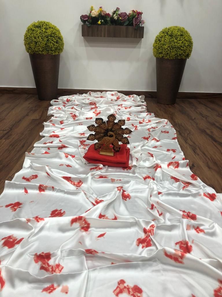 Remarkable White Color Party Wear Satin Silk Printed Work Saree Blouse