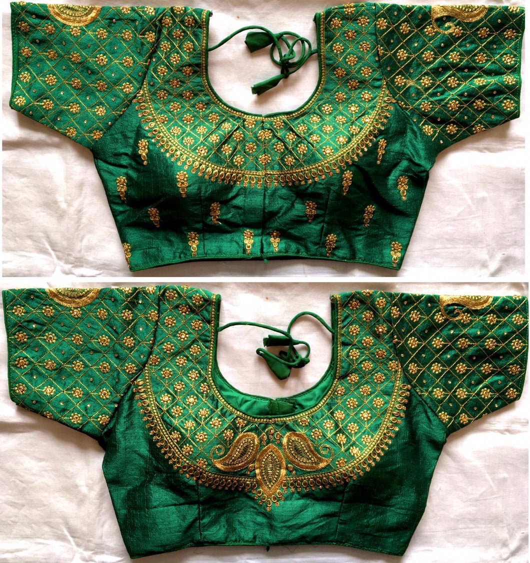Green Color Ready Made Party Wear Silk Thread Work Blouse