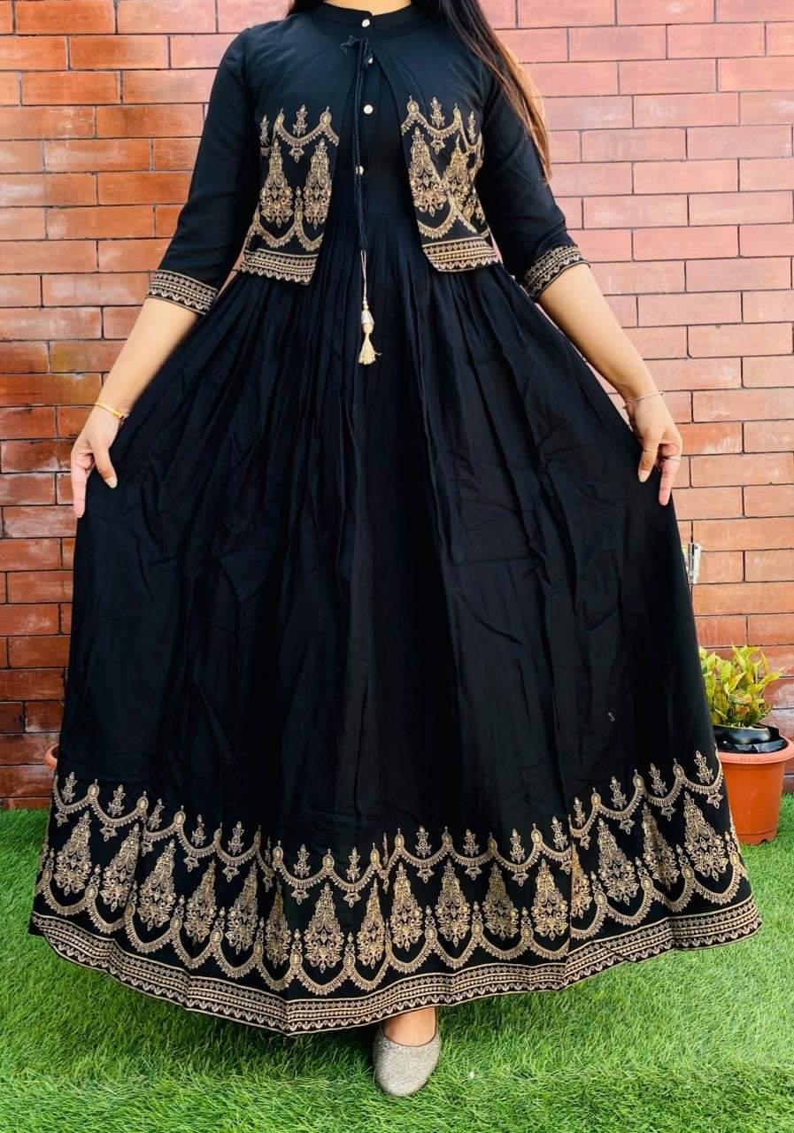 Desirable Black Color Ready Made Rayon Printed Festive Wear Gown