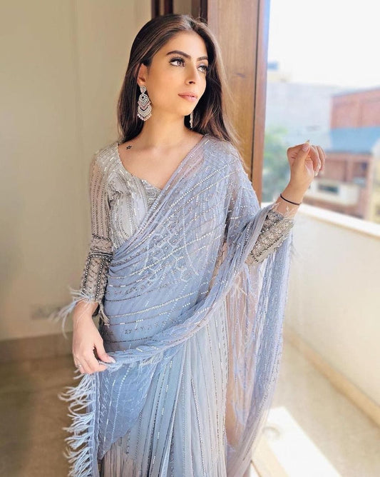 Blue Color Georgette Ready to Wear Ruffle Style One Minute Saree With Stitched Blouse