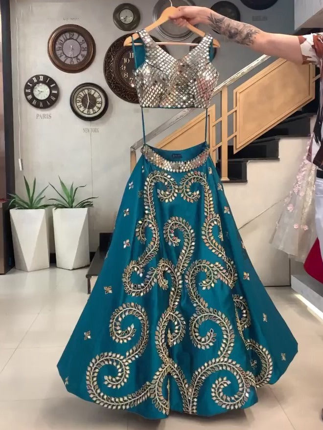Real Mirror Hand Work Taffeta Silk Embroidered Semi Stitched Lehenga Choli