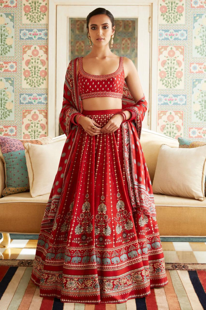 Wedding Wear Red Color Digital Printed Cotton Lehenga Choli For Women