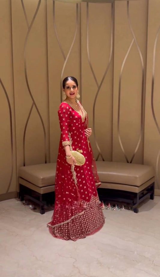 Red Color Gerogette Wedding Wear Designer Gown