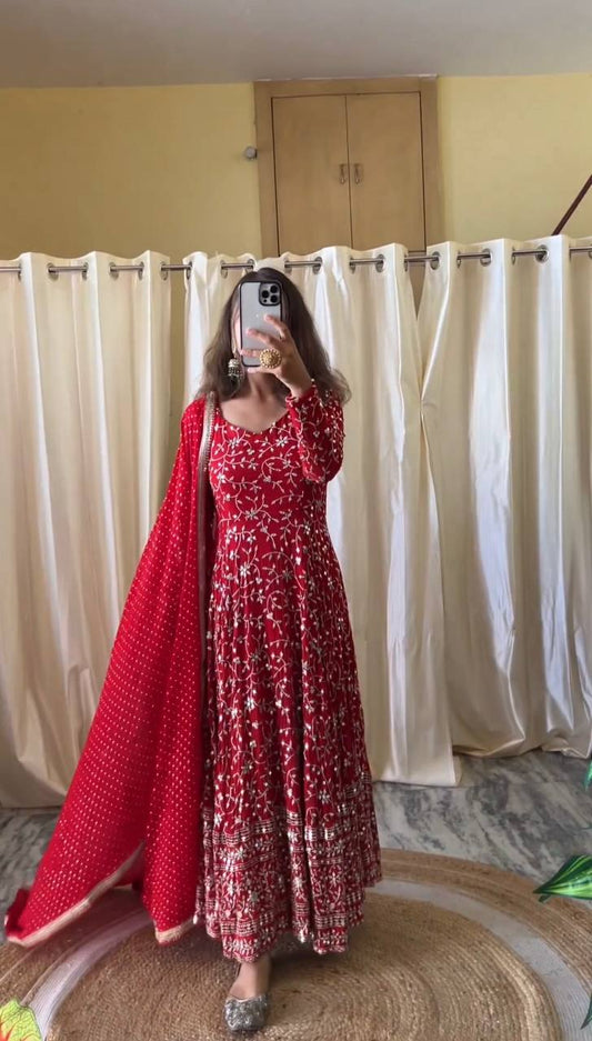Red Faux Georgette Sequence Work Ready Made Gown For Girls
