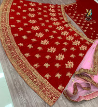 Load image into Gallery viewer, Thrilling Red Color Coding Multi Embroidered Work Velvet Design Lehenga Choli
