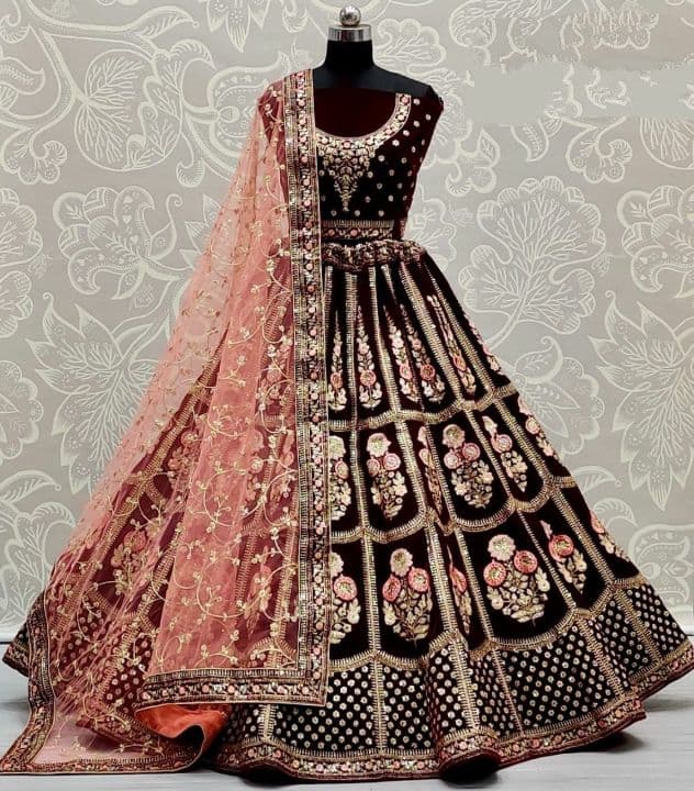 Hypnotic Dark Maroon Color Designer Festival Wear Velvet Diamond Work Lehenga Choli