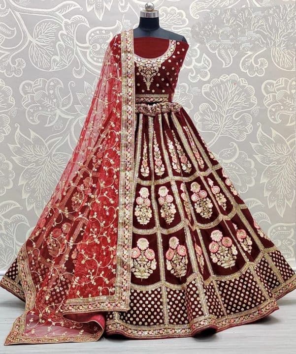 Amazing Maroon Color Thread Sequence Work Velvet Wedding Wear Lehenga Choli