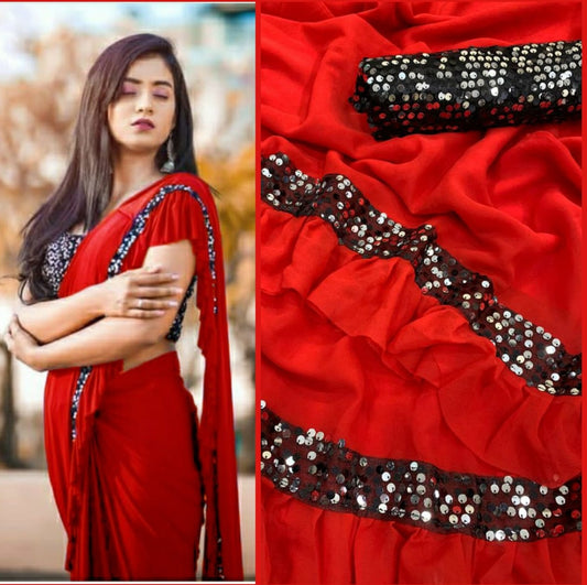 Ruffle Pattern Georgette Sequence Work Saree Blouse